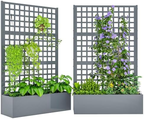 Outsunny 2 Pack Galvanized Raised Garden Bedw/Trellis 43" x 16" x 70" Gray by Outsunny