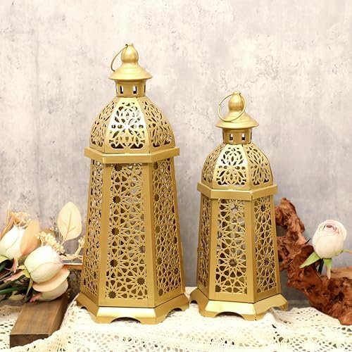 2 Pack Moroccan Lantern Lamp Decorative Candle Holders for Ramadan Decorations, Hanging, Outdoor Patio or Porch, Indoor Home Decor（Gold） - Image 4
