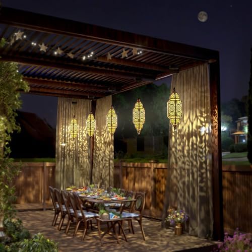 Twinkya 2 Pack Hanging Solar Lights Outdoor Garden Decorative Solar Lantern Waterproof Metal Moroccan Outdoor Decorations for Patio Pathway Yard Porch Backyard Garden Decor (Gold, 2 Pack) - Image 3