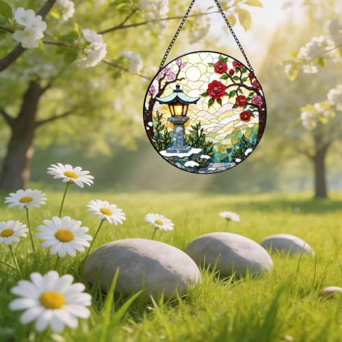 Stained Glass Suncatcher Asian Garden Lantern Window Hanging Red Floral Art Decor Gift for Mom Housewarming Unique Home Ornament Indoor Outdoor Window Panel Gift (Mixed,11.8x11.8IN) - Image 4