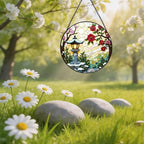 Stained Glass Suncatcher Asian Garden Lantern Window Hanging Red Floral Art Decor Gift for Mom Housewarming Unique Home Ornament Indoor Outdoor Window Panel Gift (Mixed,11.8x11.8IN) - Image 4