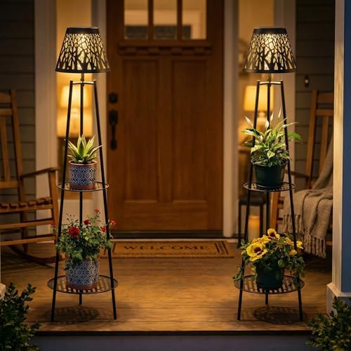 2 Pack Solar Floor Lamps Outdoor with 2-Tier Plant Stand, Metal Tall Planter Holder with Waterproof LED Lantern, Decorative Patio Light & Flower Pot Display Rack for Garden, Deck, Porch, Balcony - Image 6