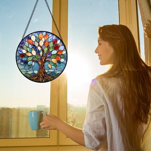 Colorful Tree of Life Stained Glass Window Hanging Suncatcher Gifts 12" - Image 3