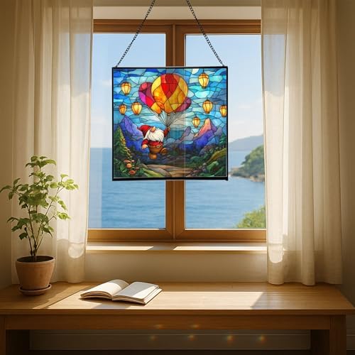 Gnome with Lantern Balloons Stained Glass Suncatcher – Square Hanging Window Panel for Home or Greenhouse – Whimsical Glass Art Gift for Garden Lovers, Christmas, Halloween, Father Days smlKhE - Image 6