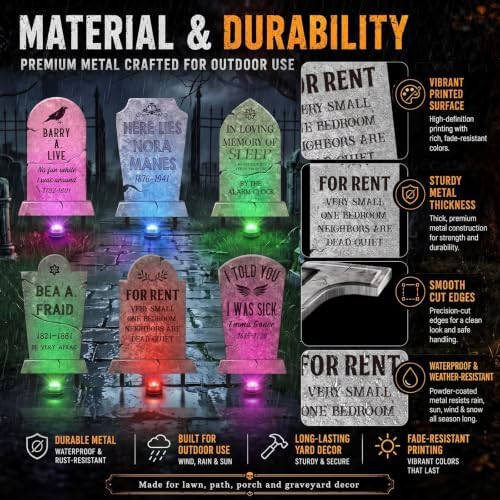 Aurelema 6 Pcs 17" Metal Halloween Tombstones Decoration with Light Outdoor - Image 3
