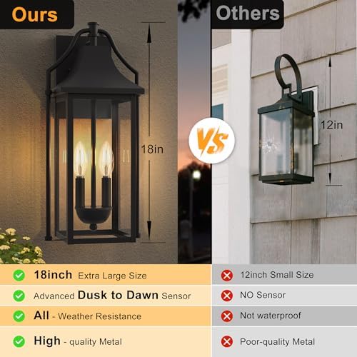 18IN Dusk to Dawn Outdoor Wall Sconce, 2-E12 Base Porch Light - Image 3