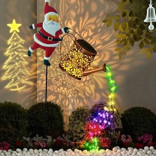 Christmas Santa Solar Kettle Light, 2PCS Waterproof Santa Solar Garden Lights Outdoor, Cute Santas Solars Watering Can Cascading Light LED, Novelty Santas Solars Christmas Decorations Night Lights - Image 7