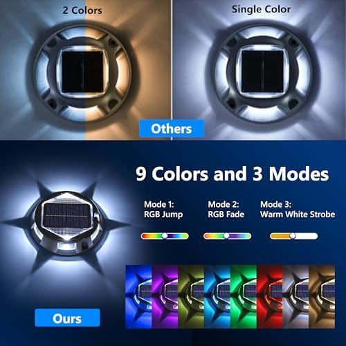 Solar Deck Light Outdoor, 12 Pack 9 Colors in 1 Solar Driveway Dock Lights, IP67 Waterproof Solar Powered Outdoor Light, RGB Step Lights for Outside Garden Yard Fence Stair Sidewalk Pathway Walkway - Image 4