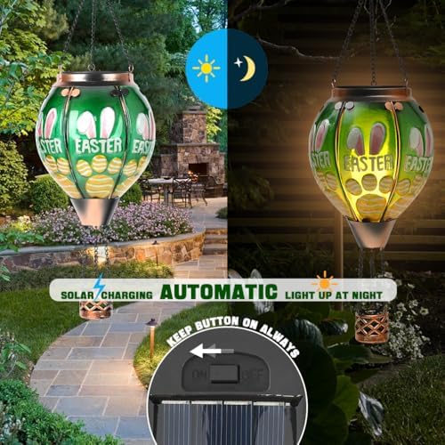 Easter Hot Air Balloon Solar Lantern - Bunny Glass Lantern, Simulated Flickering & Dancing Flame, Outdoor Hanging Yard Light Waterproof IP65 for Patio Lawn Porch Decor Rabbit Gift - Image 3