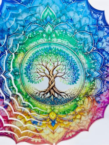 Shwing 12 Inch Wind Spinner Rainbow Tree of Life Hanging Decor Colorful Spiritual Metal Ornament Outdoor Kinetic Garden Art 3D Wind Spinner for Patio Porch Balcony Backyard Meditation Decoration - Image 3