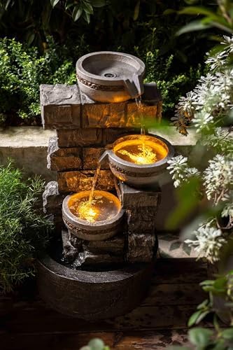 3 Tier Stacked Stone Outdoor Water Fountain, 27 Inch Freestanding Cascading Waterfall Fountain with Built-in Pump, Bird Bath Rest Station for Garden, Backyard & Lawn - Image 6