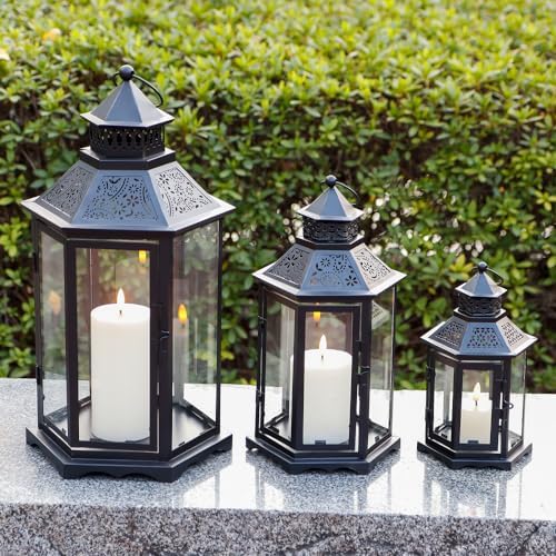 TRIROCKS Set of 3 Decorative Candle Lanterns18''&13"&10" H Hexagonal Candle Holder Vintage Metal Hanging Lantern with Tempered Glass for Garden Patio Wedding Event Indoors Outdoors(Black) - Image 3