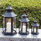 TRIROCKS Set of 3 Decorative Candle Lanterns18''&13"&10" H Hexagonal Candle Holder Vintage Metal Hanging Lantern with Tempered Glass for Garden Patio Wedding Event Indoors Outdoors(Black) - Image 3