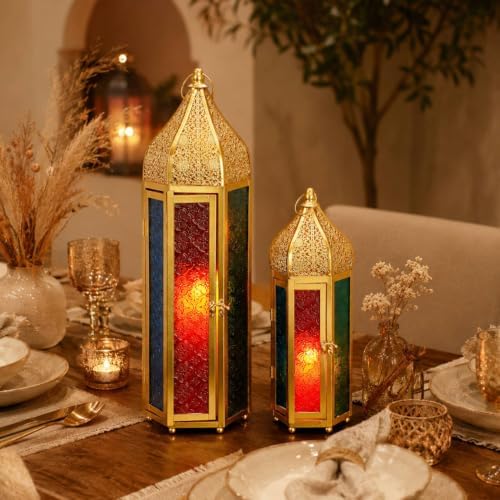 TRIROCKS Set of 2 Moroccan Candle Lanterns 22.5''&15'' H Decorative Candle Holder Hanging Lanterns with Embossed Colored Tempered Glass Ramadan Decorations for Home Outdoor Indoor Patio Weddings(Gold) by TRIROCKS