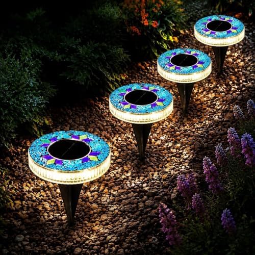 Outdoor Waterproof Mosaic Solar Ground Lights, Solar Disc Lights Outdoor Waterproof, Waterproof Colorful Glass LED Stake for Pathway Walkway Yard Patio Lawn(Purple) - Image 7