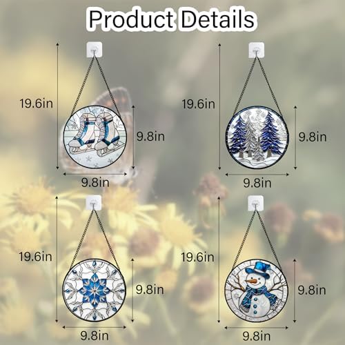 DASTOLL Stained Glass Window Hanging 4 Pcs Set White Winter Christmas Snow Scene 9.8" - Suncatcher Door Garden Sun Catcher Decor Birthday for Mom Woman Nana Men Friend Wife - Image 6