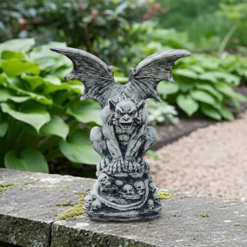 OLOMA Sitting on Skull Winged Gargoyle Concrete Statue Gothic Beast Garden Outdoor Sculpture Cement Mythical Creature Creepy Garden Decor Lawn Patio Porch Halloween Accent by OLOMA