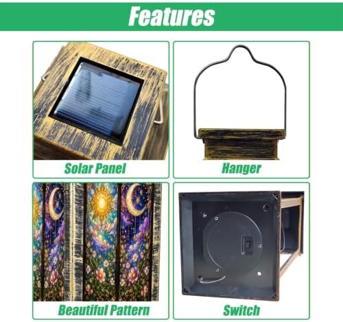 Solar Hanging Lantern Sun Moon Stained Glass Floral Gothic Window Celestial Night Sky Ornate Waterproof LED Lights Decor Patio Yard Lawn Porch Lamp, Birthday Gift for Mom Women Garden Outdoor Decor - Image 3