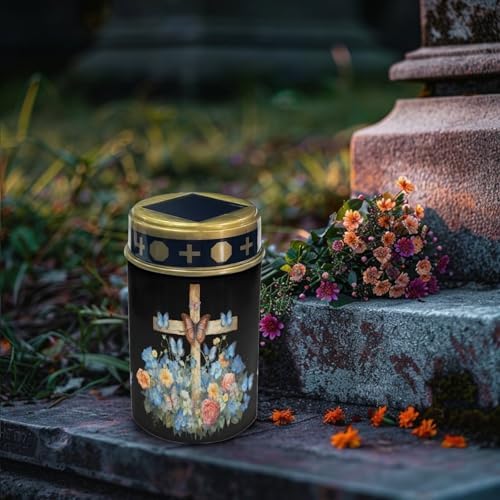 Poceacles Cross Solar Lights Solar Outdoor Lights Outdoor Waterproof Stake Solar Lights Votive Candles Grave Solar Candles for Memorial Day Decorations, Blue Butterfly Floral Cross Black, Pack of 4 - Image 3