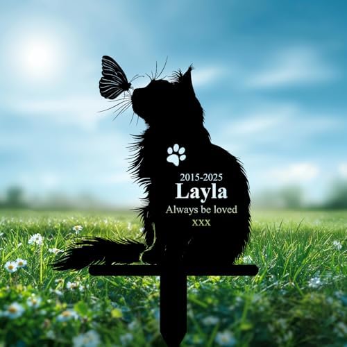 Custom Longhair Cat Memorial Stake, Always Be Loved Cat with Butterfly Grave Marker, Personalized Pet Loss Gift Metal Garden Plaque (Cat With Butterfly) - Image 4