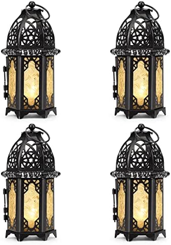 IMAGE Metal Candle Lanterns 6.7" H Hanging Lanterns Moroccan Birdcage Holders with Glass Creative Wedding Home Tabletop Decoration, Black (4) by IMAGE