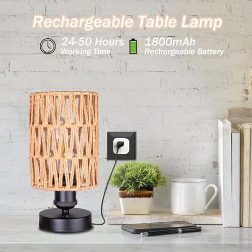 Cordless Rechargeable Outdoor Table Lamps, Battery Operated Table Lamp, Stepless Dimmable for Patio, Living Room, and Bedroom (Bulb Included) - Set of 2 (Beige) - Image 4