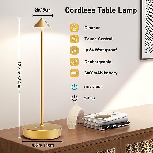 Set of 2 Cordless Rechargeable Led Table Lamp Battery Operated Light Gold - Image 3
