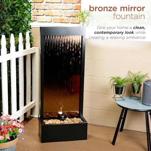 Alpine Corporation 48" Tall Indoor Modern Wall Mounted Zen Mirror Waterfall Floor Fountain with Stones and LED Lights Decor for Office, Living Room, Entryway, Bronze - Image 5