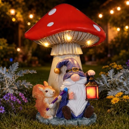 Solar Gnome and Squirrel Statue Under Mushroom Garden Decor, Garden Gnomes Outdoor Statue with Solar Lantern for Yard Patio Lawn Decor, Unique Birthday Gifts for Mom Women Grandma by ElevateYourOutdoorGallery