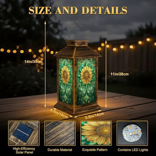 Stained Glass Style Solar Lantern Outdoor Garden Hanging Lantern Intricate Sunflower Stained Glass Art Spring Hues Waterproof Solar Powered Lighting Outside Table Lamp for Patio Deck Yard Camping - Image 2