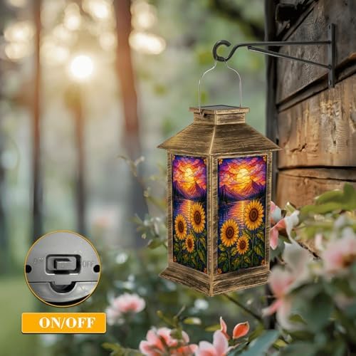 Solar Lantern Outdoor Waterproof Vibrant Sunflowers Colorful Sunset Mountains Lake Stained Glass Style Garden Decor LED Hanging Solar Lights Tabletop Lamp Gifts for Women Mom Outside Yard Patio Porch - Image 5