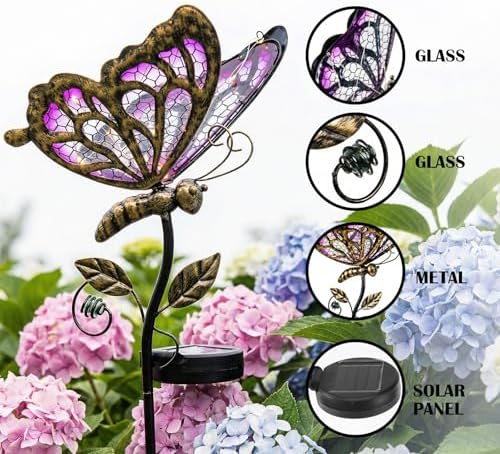 Solar Butterfly Garden Stake Light, Hand-Painted Pink Glass, 36in - Image 4