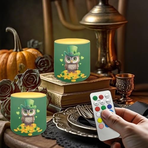 Flameless Candles with 18-Key Remote Battery Operated Candles with Timer St Patrick's Day Owl Gold Shamrocks LED Pillar Tea Lights for Patio Porch Home Decorations - Image 4
