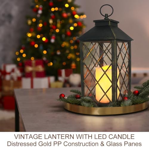 2-Pack 13.5" Vintage Candle Lantern with LED Candle (Distressed Gold, 6hr Timer) - IP44 Waterproof Outdoor Hanging Lanterns Battery Powered - Tabletop Lantern Decorative Home Lanterns - Image 2