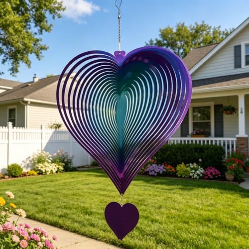 DJUAN 15in Large Heart Wind Spinner Garden Decor,Gifts for Women,Mom and Grandma,Mother's Day,Birthdays, Purple-Green Stainless Steel Hanging Yard Art Outdoor & Indoor Decorations - Image 5