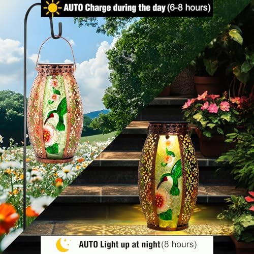 Larekook Hummingbird Solar Lantern Outdoor Waterproof,13" Large Hanging Lantern Decorative,Metal Hummingbird Solar Lights for Yard Table Porch Patio Garden Decor,Birthday Gifts for Women Mom - Image 3