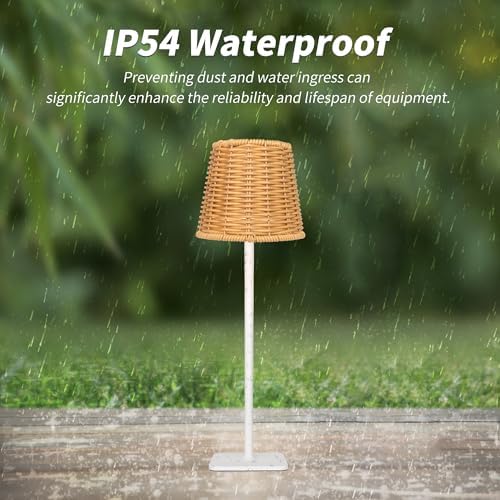 Mr.White Set of 2 Waterproof Outdoor Rechargeable Cordless Table Lamp with Wicker Shade, for Patio Restaurant Kitchen (White) - Image 2
