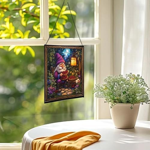 Berry Pie Gnome Picnic Stained Glass Suncatcher – Square Hanging Window Panel for Home or Greenhouse – Whimsical Glass Art Gift for Garden Lovers, Christmas, Halloween, Father Days aZdgHt - Image 3