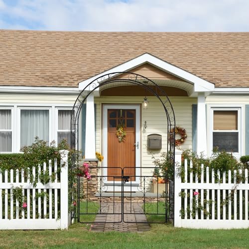 Garden Arbor with Gate, 7FT Wedding Arches for Ceremony, Metal Garden Arch for Climbing Plants Outdoor, Black Garden Archway for Lawn, Patio and Backyard, Includes Ground Stakes - Image 4