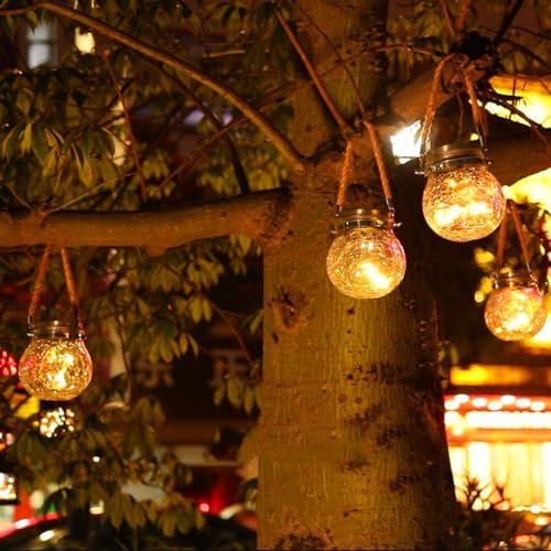Solar Hanging Mason Jar Lights - Cracked Glass 30 LED Fairy Firefly Lantern String Lights, Outdoor Waterproof Patio Porch Garden Yard Balcony Lawn Wall Lighting Decor - Image 3