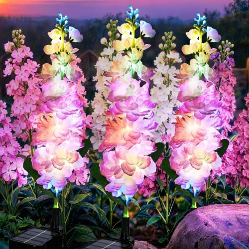 GIGALUMI 3 Pack Solar Delphinium Flowers Outdoor, 2 Modes, Pink by GIGALUMI