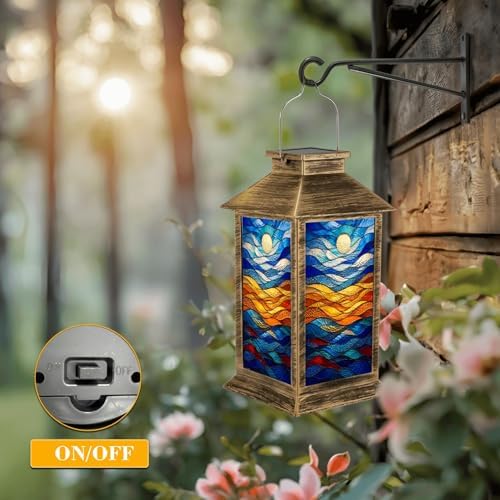 Solar Lantern Outdoor Waterproof Stained Glass Abstract Ocean Waves Sun Vibrant Colors Garden Decor LED Hanging Solar Lights Tabletop Lamp Gifts for Women Mom Outside Yard Patio Porch - Image 5