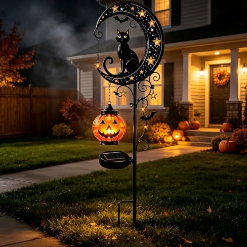 Solar Halloween Black Cat & Pumpkin Moon Metal Garden Stake Light, Waterproof Solar Outdoor Decor, Auto Dusk Light Ornament for Yard Lawn Patio Pathway - Image 4