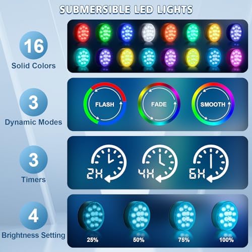 Pool Lights, Upgraded Rechargeable Submersible LED Lights with Remote IP68 Waterproof 16 Colors Hot Tub Underwater Pool Lights for Above Ground Inground Pool, Bath, Party, Vase 2 Pack - Image 3