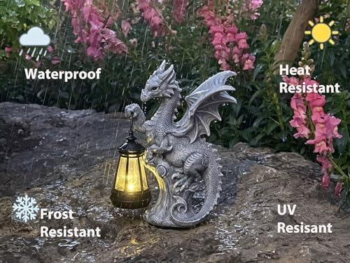 JORAE Dragon Statue with Solar Lantern Outdoor Figurine Home Decor 9.5" H - Image 4