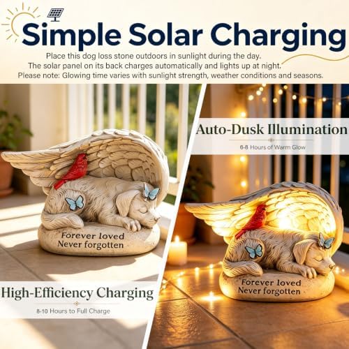 Dog Memorial Stone with Solar Lights Angel Wings Cardinal 8 Inch - Image 3