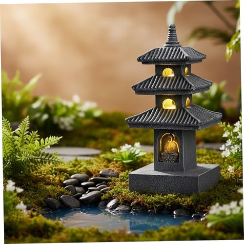 Pagoda Garden Statue, 10 Inch Weatherproof Solar Garden Decor, LED Light Zen Japanese Lantern for Backyard Balcony Patio Lawn Yard, Grey Pagoda Statue - Image 7