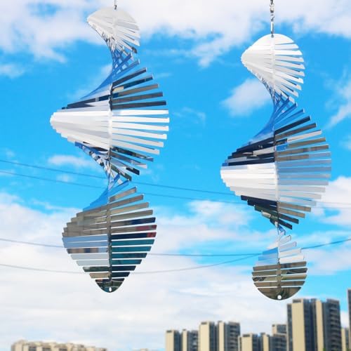 Hanging Wind Spinners,3D Spiral Highly Reflective Stainless Steel Metal Wind Spinner Outdoor Garden Decor,Bird Devices Deterrent to Scare Away Yard Birds12in 2Pcs - Image 6
