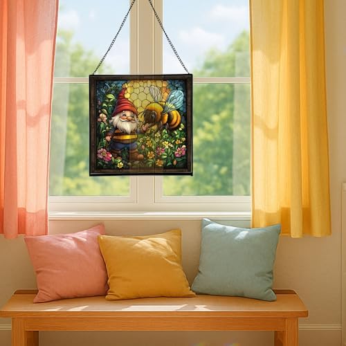 Bee Friend Gnome Stained Glass Suncatcher – Square Hanging Window Panel for Home or Greenhouse – Whimsical Glass Art Gift for Garden Lovers, Christmas, Halloween, Father Days CPmPdP - Image 5