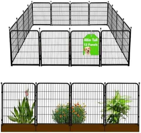 Getlay Doorless Dog Digging Fence Barrier,48in(H) 12 Panels Total 26.6 Ft(L), Black Metal Fencing for Yard 4ft Tall, Dog Fence Outdoor for Yard, Fencing for Garden Beds, Garden Fences Border by Getlaygardenfence